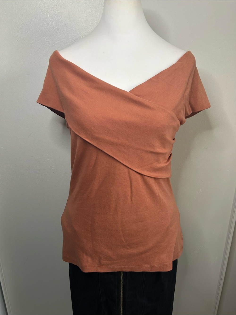Theory Kellay Off-Shoulder Wrap Jersey Knit Top in a Terracotta